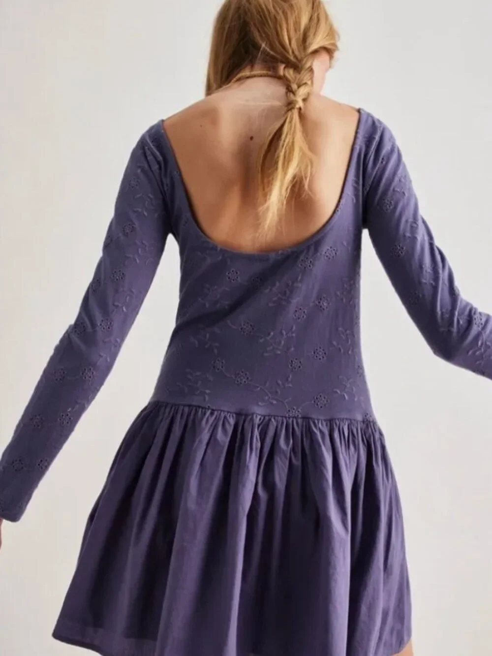 Free People Balletcore Embroidered Surley Cotton Mini Dress Purple Low Back L